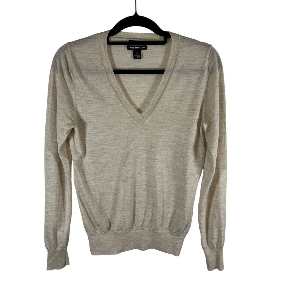 Club Monaco Womens Oatmeal Beige 100% Italian‎ Merino Wool V-Neck Sweater Large